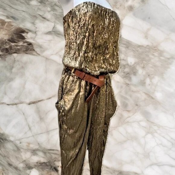 Michael Kors STUNNING Gold Sequin Strapless Jumpsuit w/Removable belt XS  NWOT - Picture 9 of 16